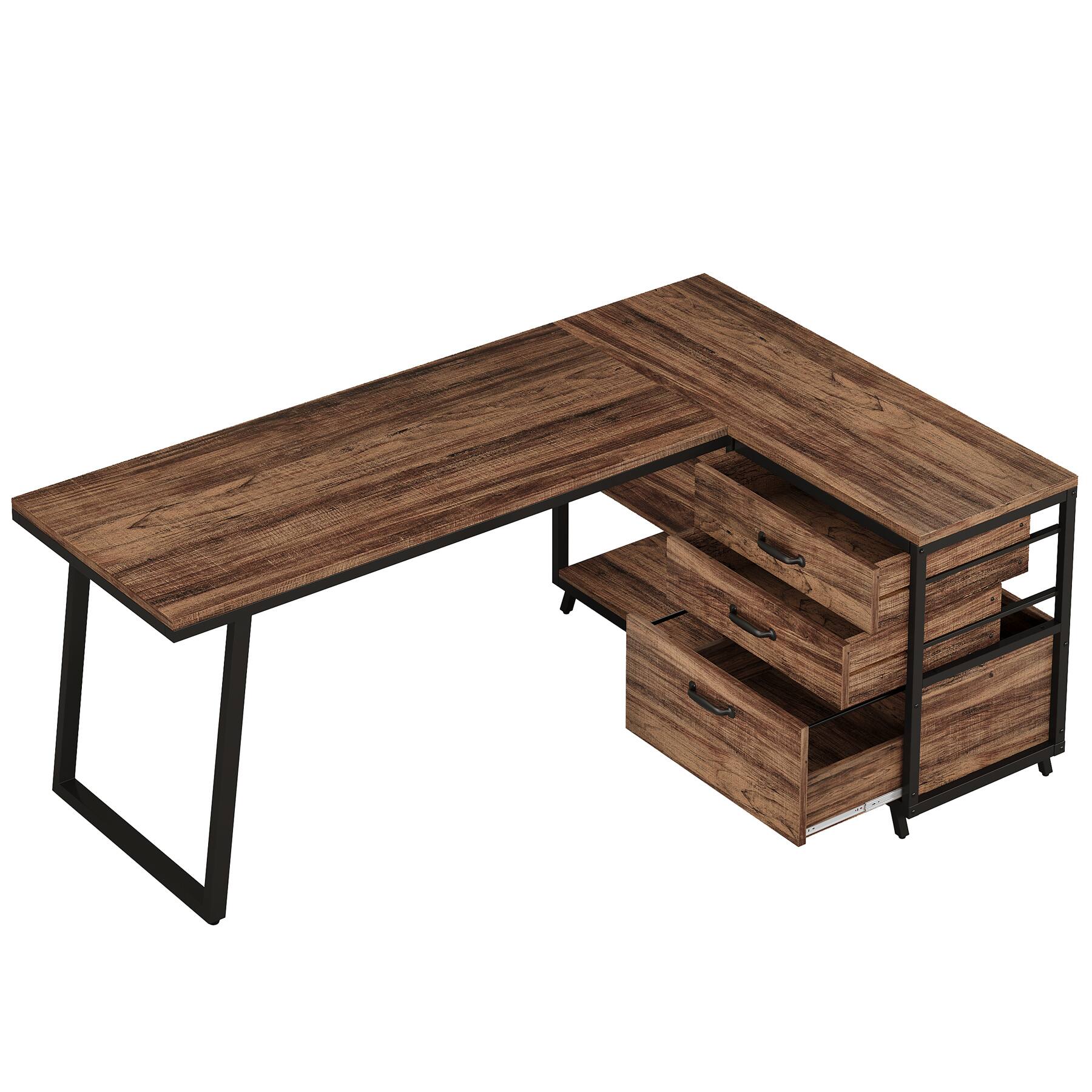 Left. TinyHomie - 53INCH Reversible LShaped Computer Desk 3 Drawers Storage Shelves Industrial Corner Home Office Desk Rustic Brown - Brown.