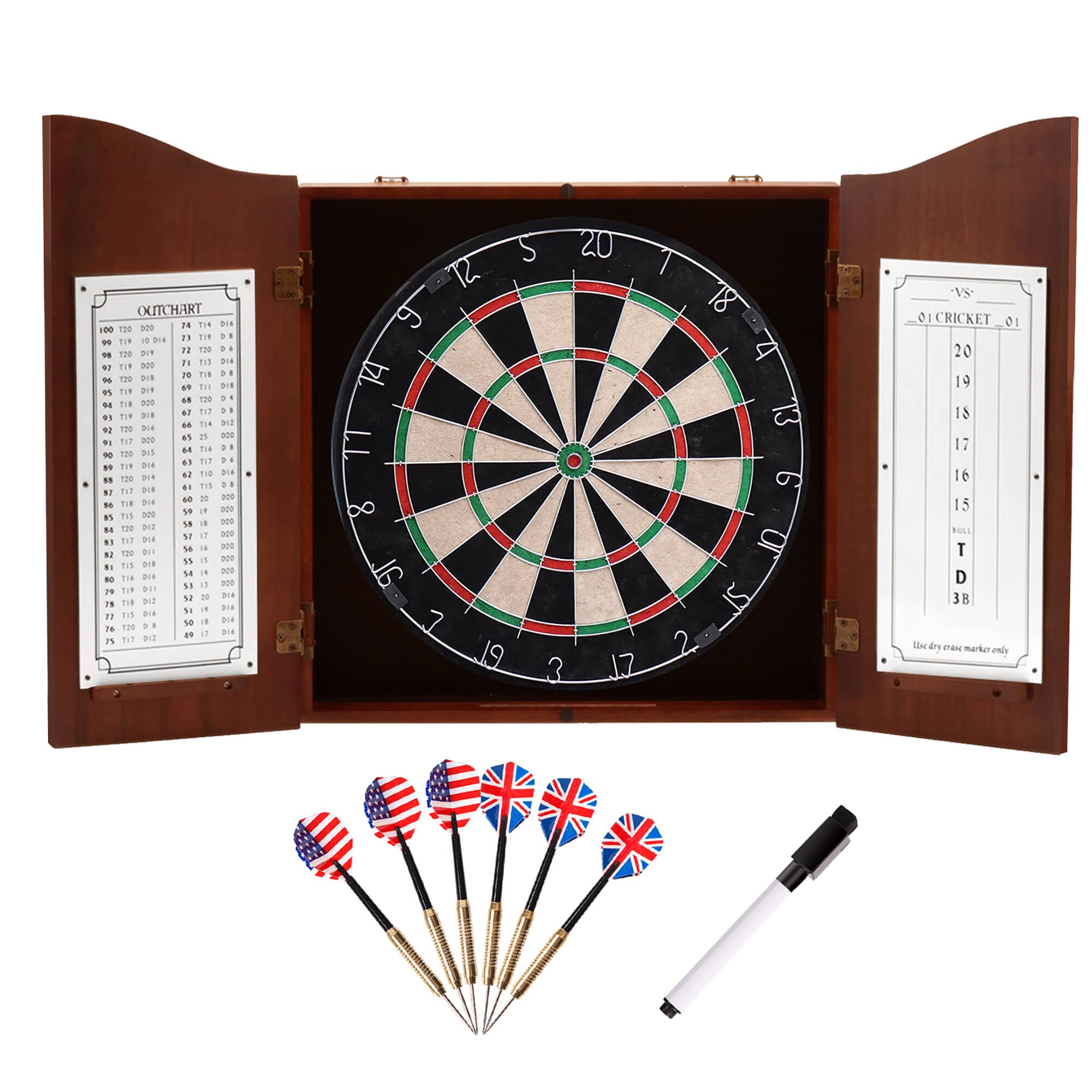 GSE Games & Sports Expert - Dartboard Cabinet with Sisal/Bristle Dartboard, Dart Scoreboard, and 6 Steel Tip Darts - Deluxe Walnut