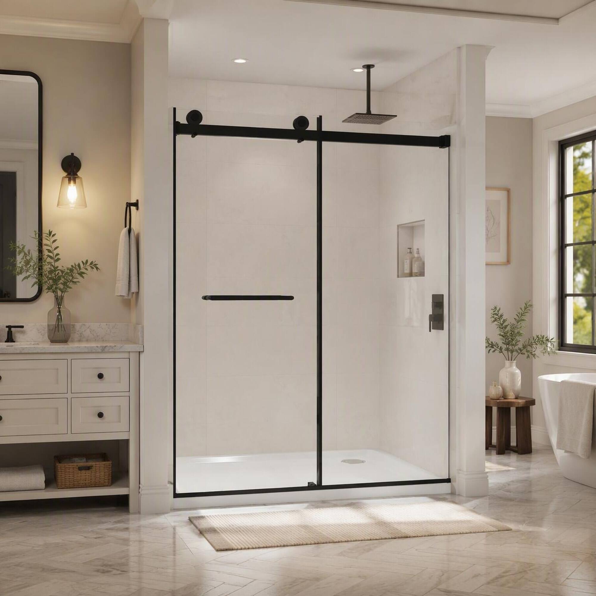 Back. RYHNUYNE - Frameless Double Sliding Shower Door 56-60" W X 74" H With 5/16" Tempered Glass, Matte Black Hardware - Matte Black.