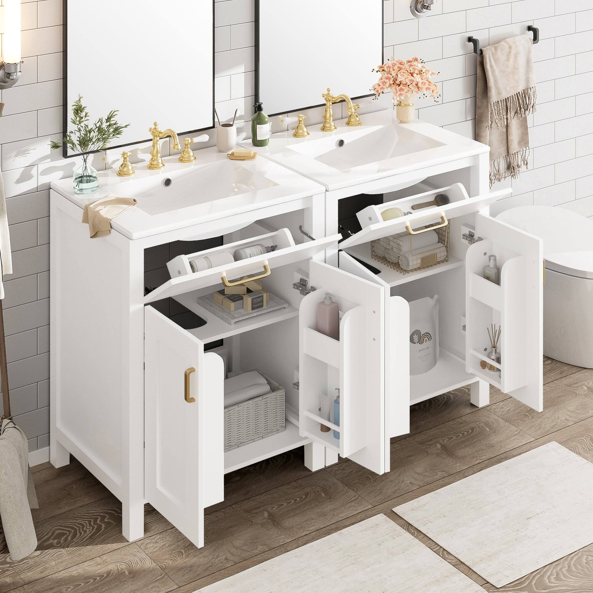 Alt View 6. Boyel Living - 48 Inch Double Bathroom Vanity with Dual Ceramic Sinks, Soft-Close Doors, Flip Drawer, Gold Handles, Adjustable Shelf - White.