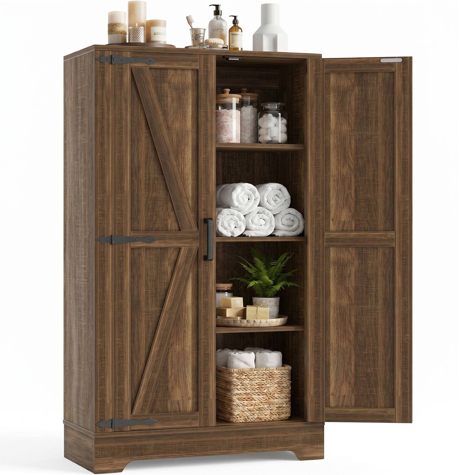 Angle. Aheaplus - Small Bathroom Cabinet with Adjustable Shelves, 43.3'' Tall 2 Door Farmhouse Stoage Cabinet for Organization - Weathered Brown.