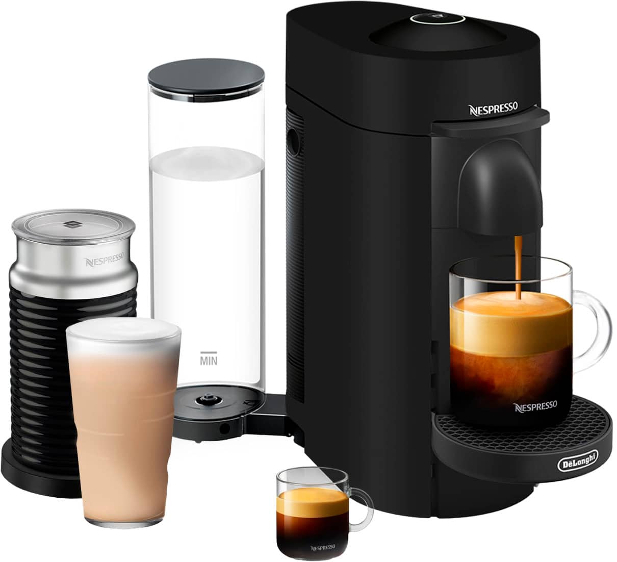 Front. De'Longhi - Nespresso Vertuo Plus Deluxe Coffee and Espresso Maker with Aeroccino Milk Frother - Matte Black.