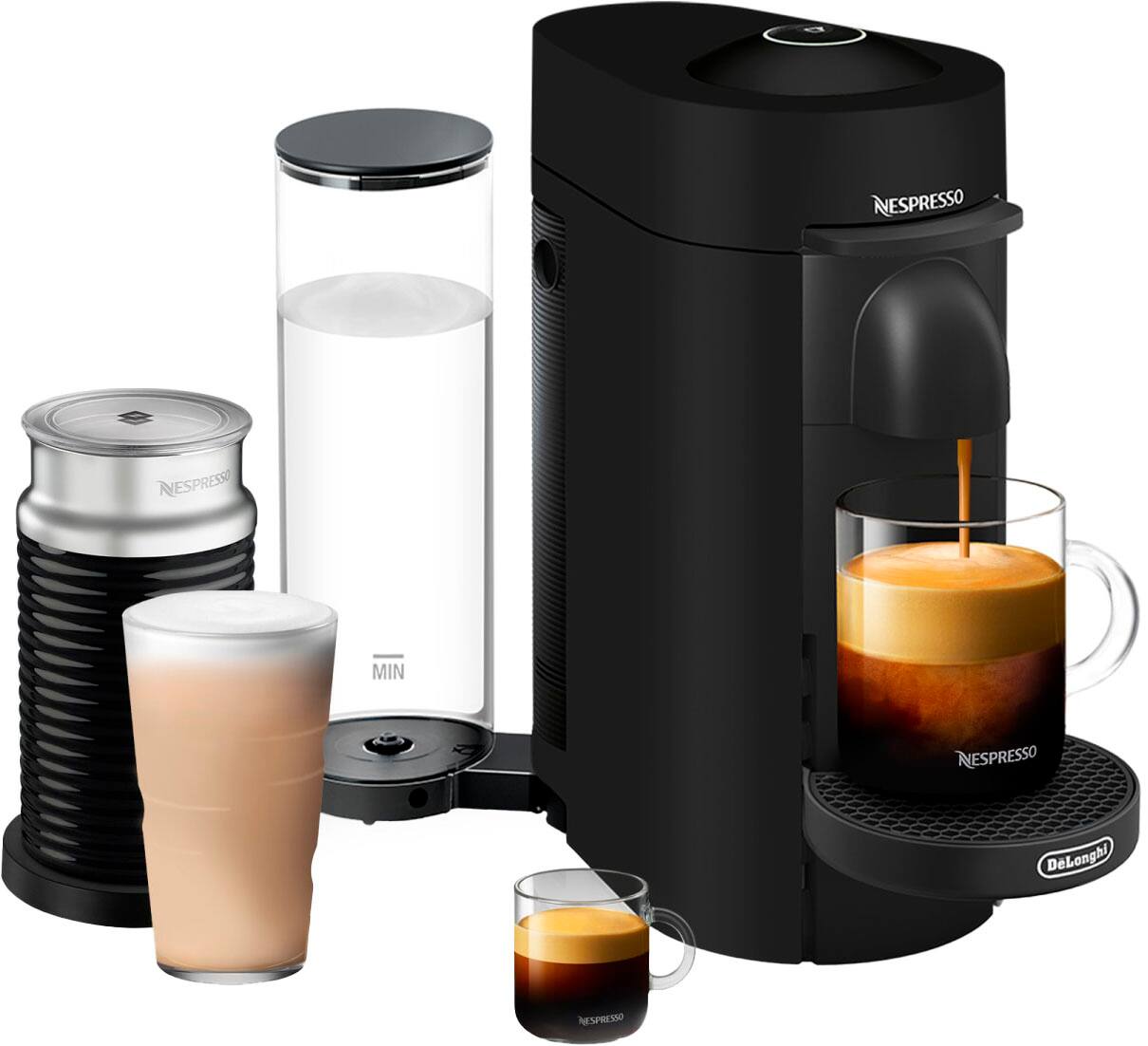 Front. De'Longhi - Nespresso Vertuo Plus Deluxe Coffee and Espresso Maker with Aeroccino Milk Frother - Matte Black.