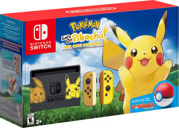 Front. Nintendo - Switch Pikachu & Eevee Edition with Pokémon: Let's Go, Pikachu! + Poké Ball Plus - Gray. - E (Everyone)
