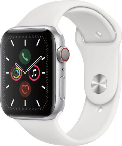 Apple Watch Series 5 (GPS + Cellular) 44mm Silver Aluminum Case with White Sport Band - Silver Aluminum (Verizon)