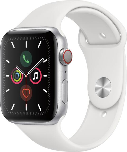 Apple Watch Series 5 Gps Cellular 44mm Case With White Sport Band Silver Aluminum Verizon Mwvy2ll A Best Buy
