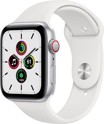 Apple Watch SE (GPS + Cellular) 44mm Silver Aluminum Case with White Sport Band - Silver (Verizon)