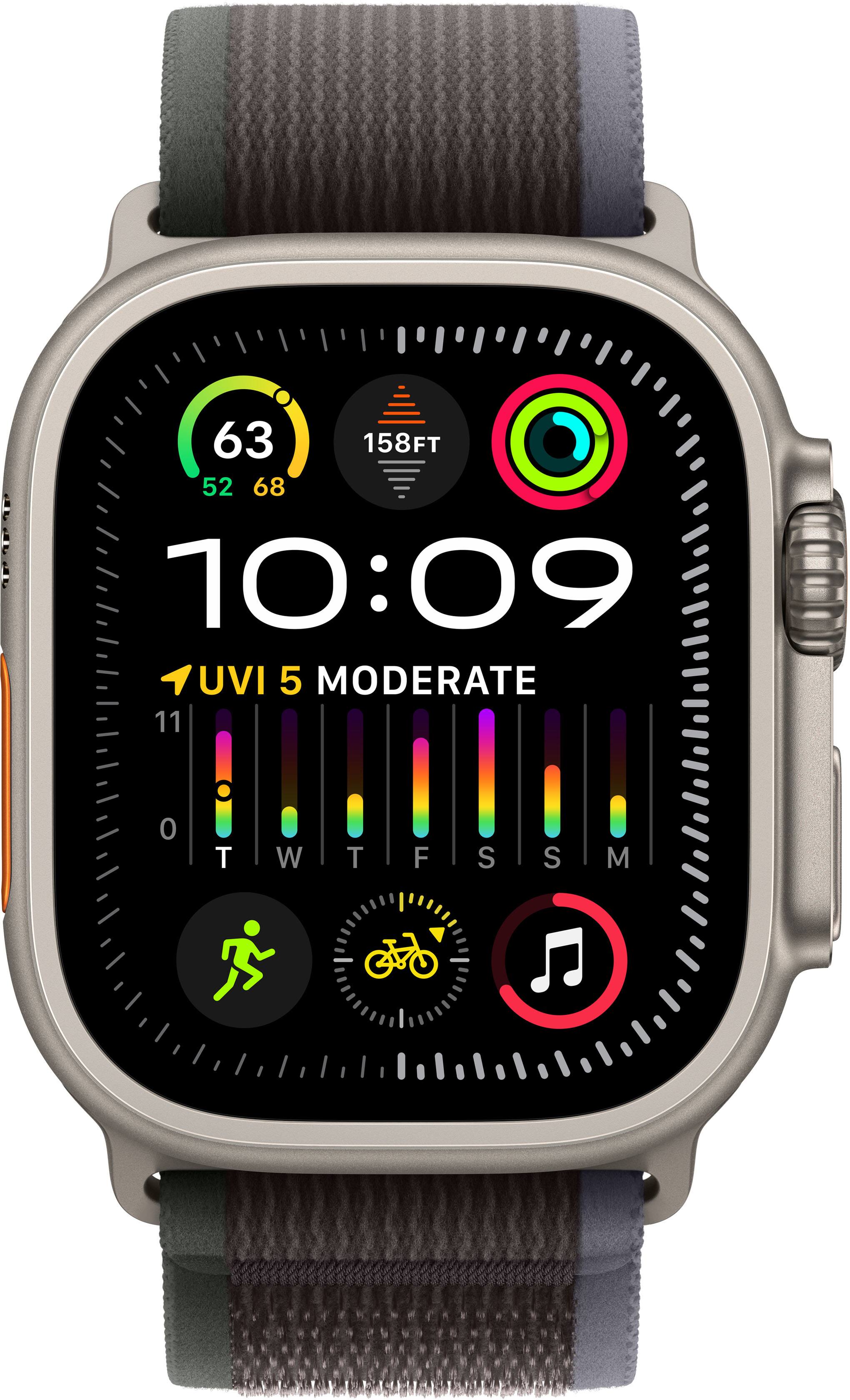 Angle. Apple - Apple Watch Ultra 2 (GPS + Cellular) 49mm Titanium Case with Blue/Black Trail Loop with Blood Oxygen - S/M - Titanium.