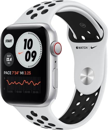 Apple Watch Nike SE (GPS + Cellular) 44mm Silver Aluminum Case with Pure Platinum/Black Nike Sport Band - Silver (Verizon)