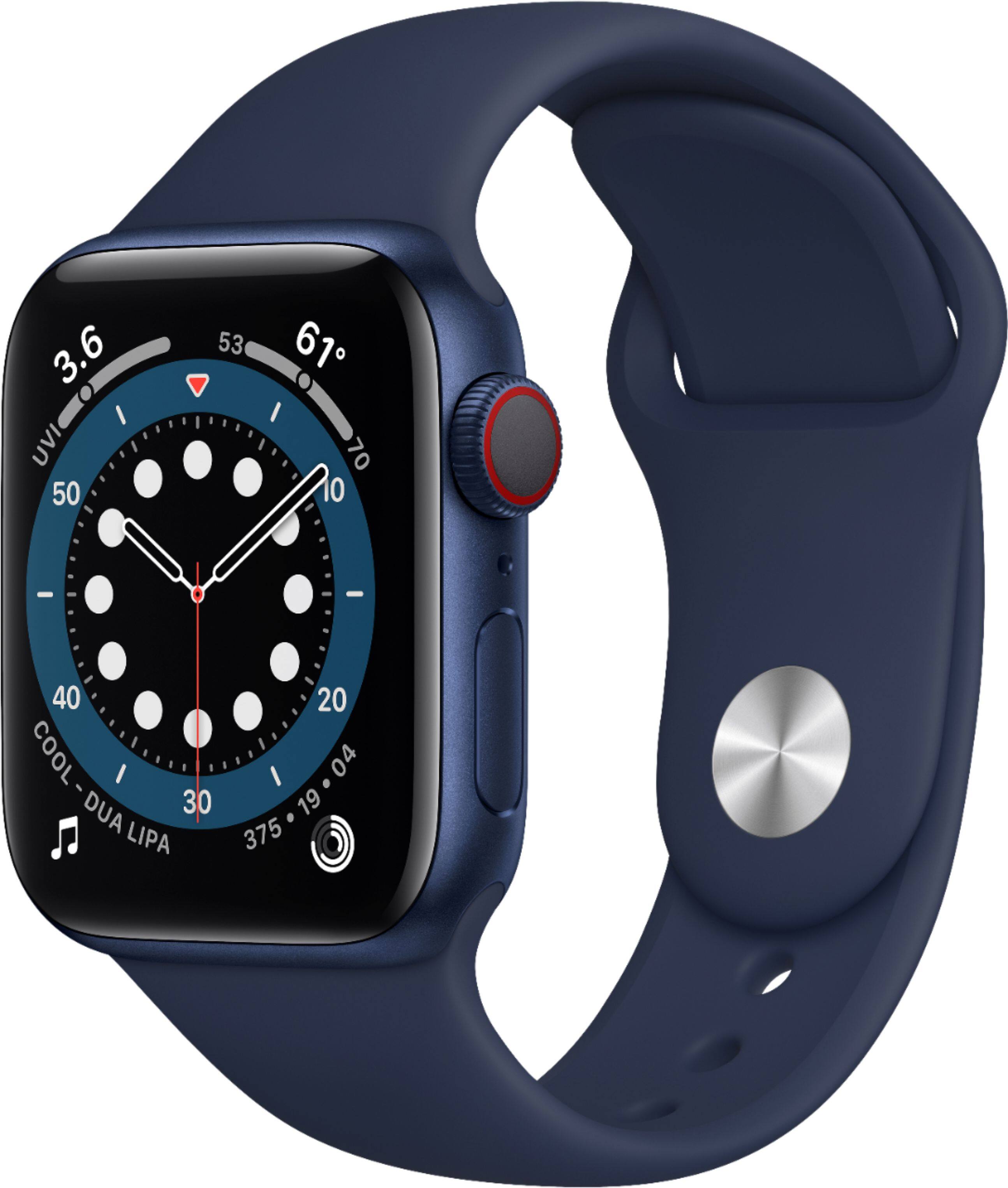 Front. Apple - Apple Watch Series 6 (GPS + Cellular) 40mm Blue Aluminum Case with Deep Navy Sport Band - Blue.
