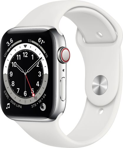 Apple Watch Series 6 (GPS + Cellular) 44mm Silver Stainless Steel Case with White Sport Band - Silver (Verizon)