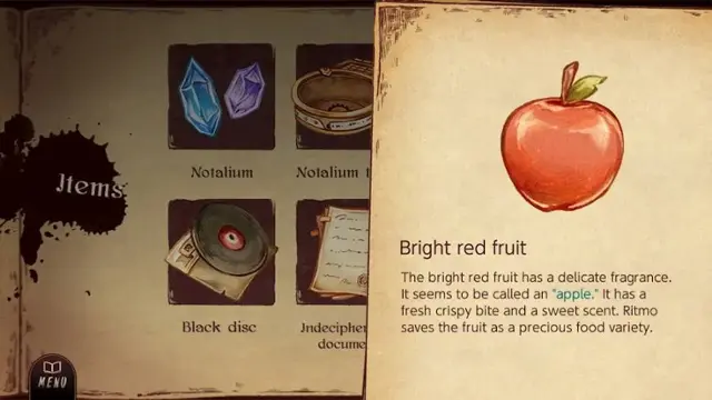 Items:

1. Black disc
2. Bright red fruit (apple)

The bright red fruit, which is an apple, has a delicate fragrance. It seems to be called an "apple." It has a fresh, crispy bite and a sweet scent. Ritmo Indecipher saves the fruit as a precious food variety. - E (Everyone)