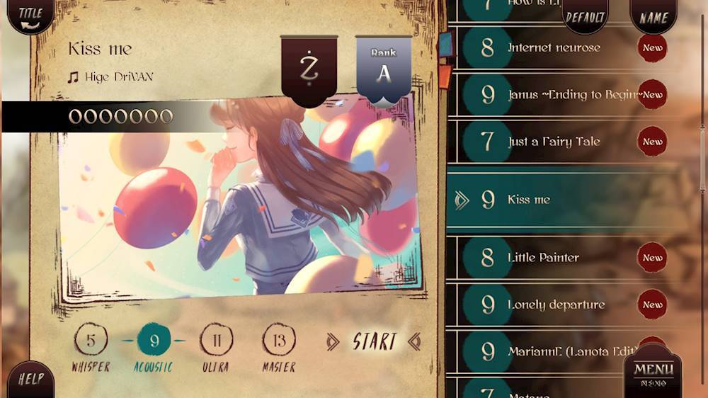 The image features a music video game with a girl on the screen. The game is set up with a menu that includes options such as "Kiss me," "Lonely departure," "Acoustic," "Ultra RA," and "Little Painter." The menu also includes a "START" button. The game seems to be a music-based game with a focus on the girl and the various options available for the player to choose from.