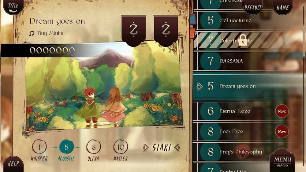 Title: Dream Goes On

The image shows a game screen with a menu and a picture of two characters walking in a forest. The menu includes options such as "Dream Goes On," "Tiny Minim," "Eternal Love," "Ever Free," and "Frey's Philosophy." The game appears to be a role-playing game with a focus on storytelling and character development.