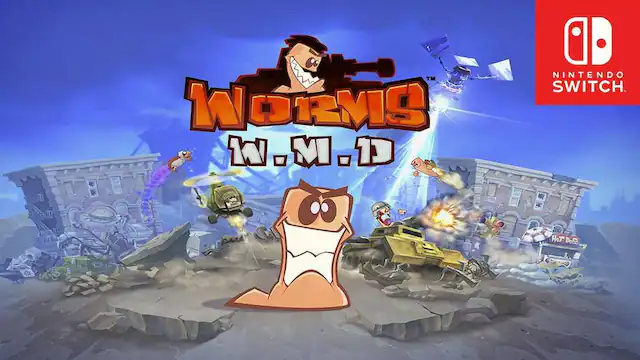 The image features a video game called Worms W.M.D. for the Nintendo Switch. The game is displayed on a TV screen, and there are multiple vehicles and objects in the scene, including cars, trucks, and a boat. The game appears to be a fun and engaging experience for players. - E10+ (Everyone 10+)
