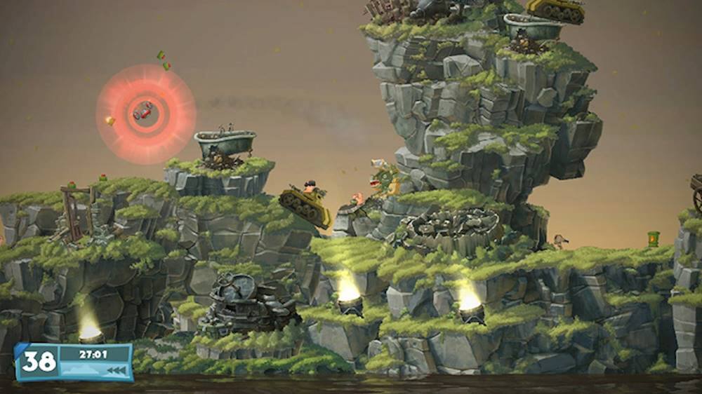 The image shows a video game with a rocky landscape, where a group of people is playing. There are several characters in the scene, with some of them being closer to the foreground and others further in the background. The game appears to be a mix of a platformer and a shooter, with the players engaging in various activities such as shooting and jumping. The game's title is displayed at the top left corner of the image, and the time elapsed is shown at the bottom left corner.