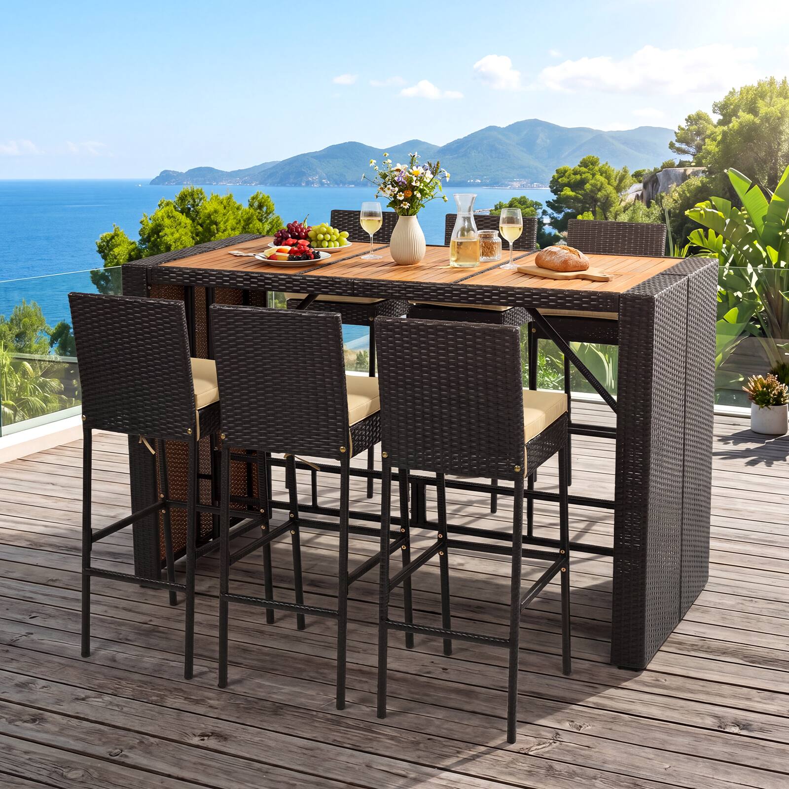 Alt View 4. Costway - Costway 7-Piece Outdoor PE Wicker Bar Set with Bar Height Table 6 Cushioned Stools for Yard - Brown.