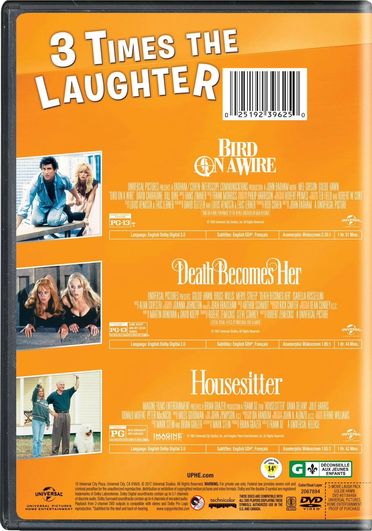 Angle. Goldie Hawn 3-Movie Laugh Pack: Bird on a Wire / Death Becomes Her / Housesitter   - DVD.