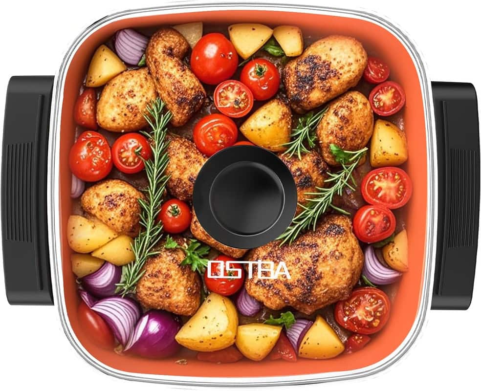 Front. OSTBA - 12" Electric Skillet with Glass Lid, 1500W Fast Heating, Nonstick Coating, Cool-Touch Handles & Adjustable Temp. - Black, Orange.