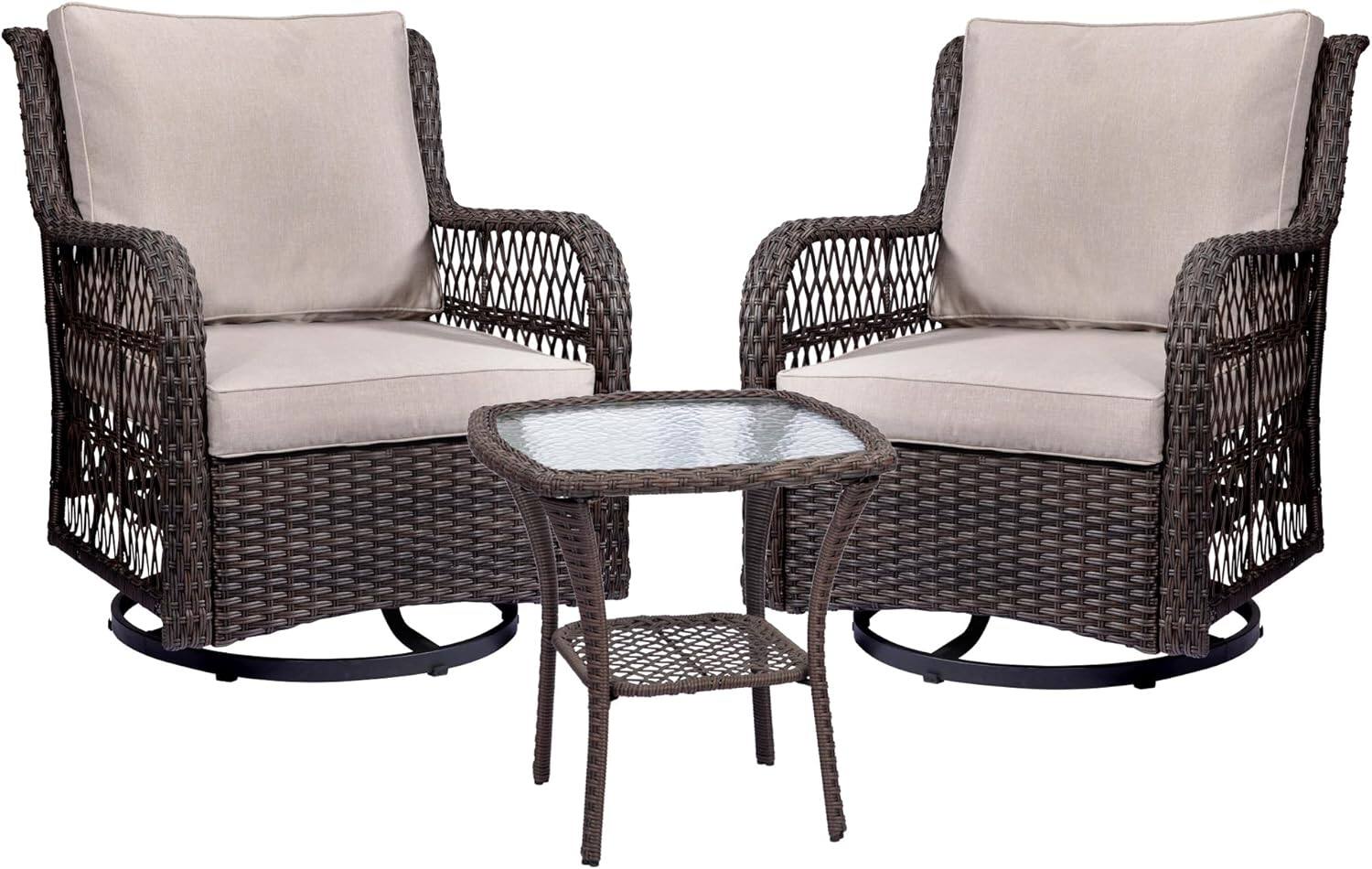Front. Acekool - 3 Piece Outdoor Wicker Swivel Rocker Patio Bistro Set, 360° Rocking Chairs & Tempered Glass Side Table, Beige - Beige.