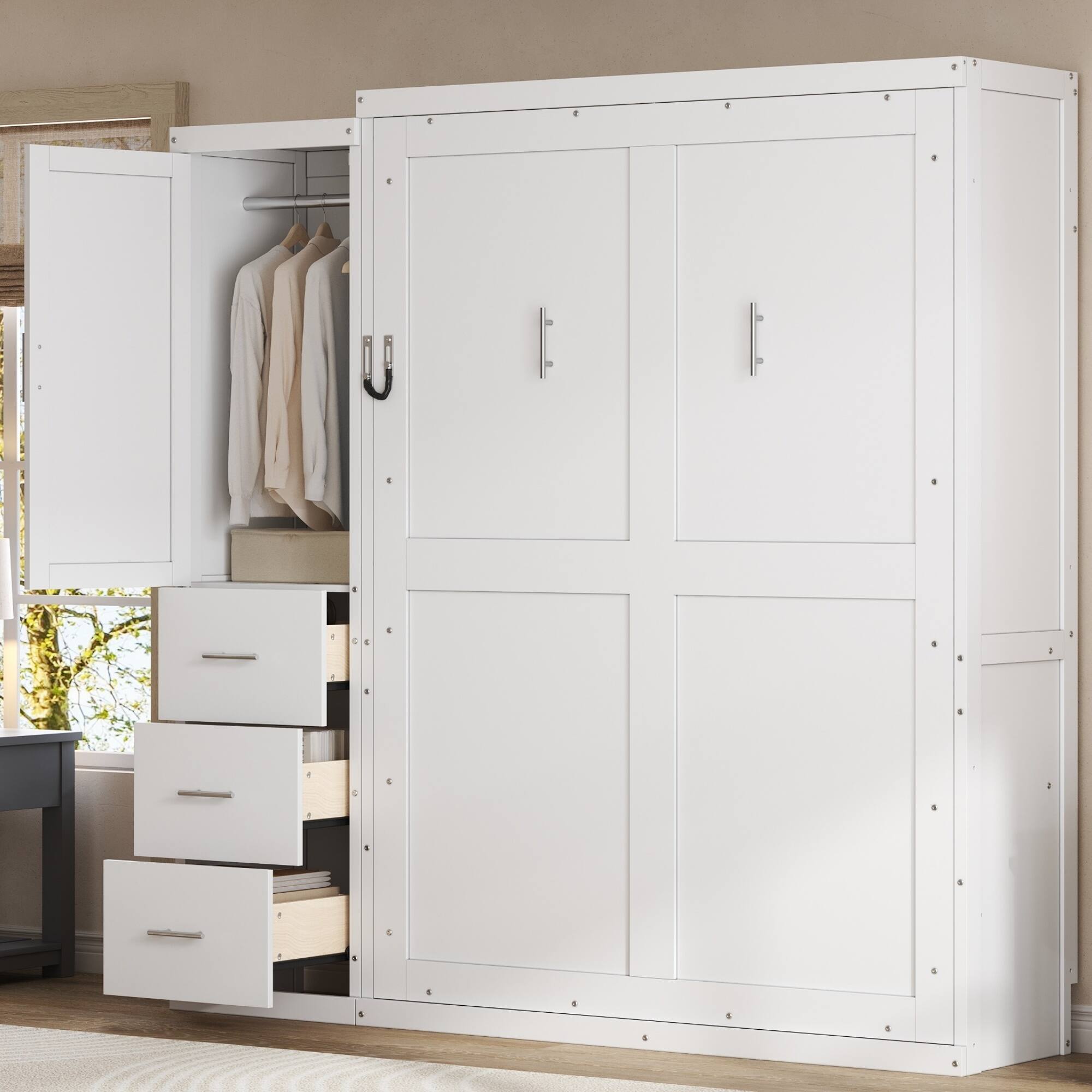 Left. Whisen - Full Size Murphy Bed Frame with Wardrobe and Drawers, Foldable Storage Cabinet Bed - White.