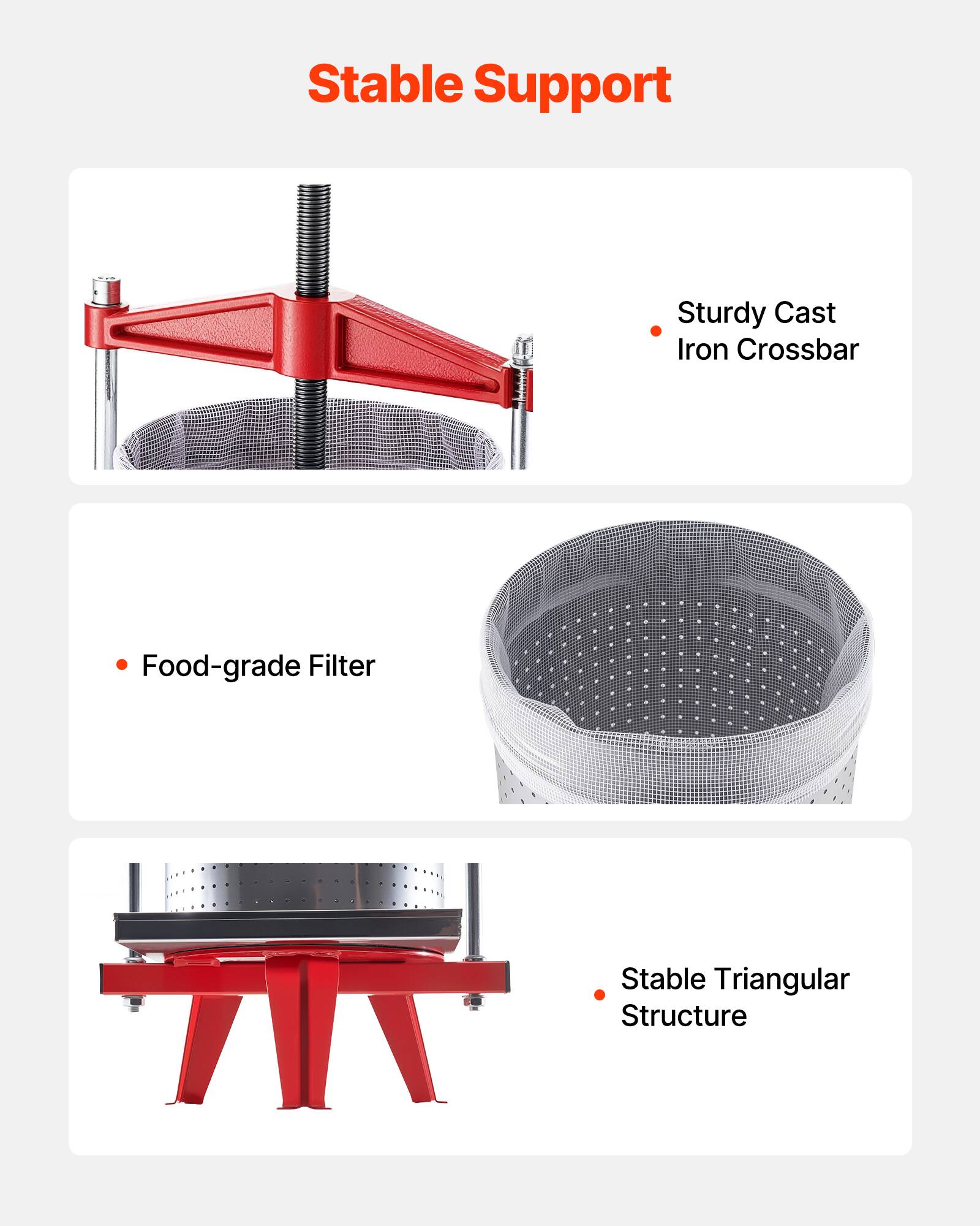 Stable Support

- Sturdy Cast Iron Crossbar
- Food-grade Filter
- Stable Triangular Structure