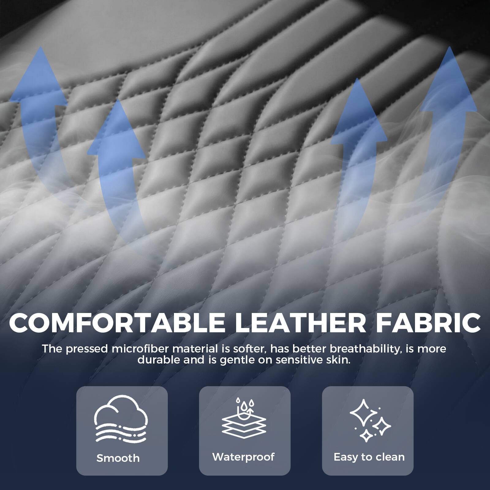 COMFORTABLE LEATHER FABRIC

The pressed microfiber material is softer, has better breathability, is more durable and is gentle on sensitive skin.

- Smooth
- Waterproof
- Easy to clean