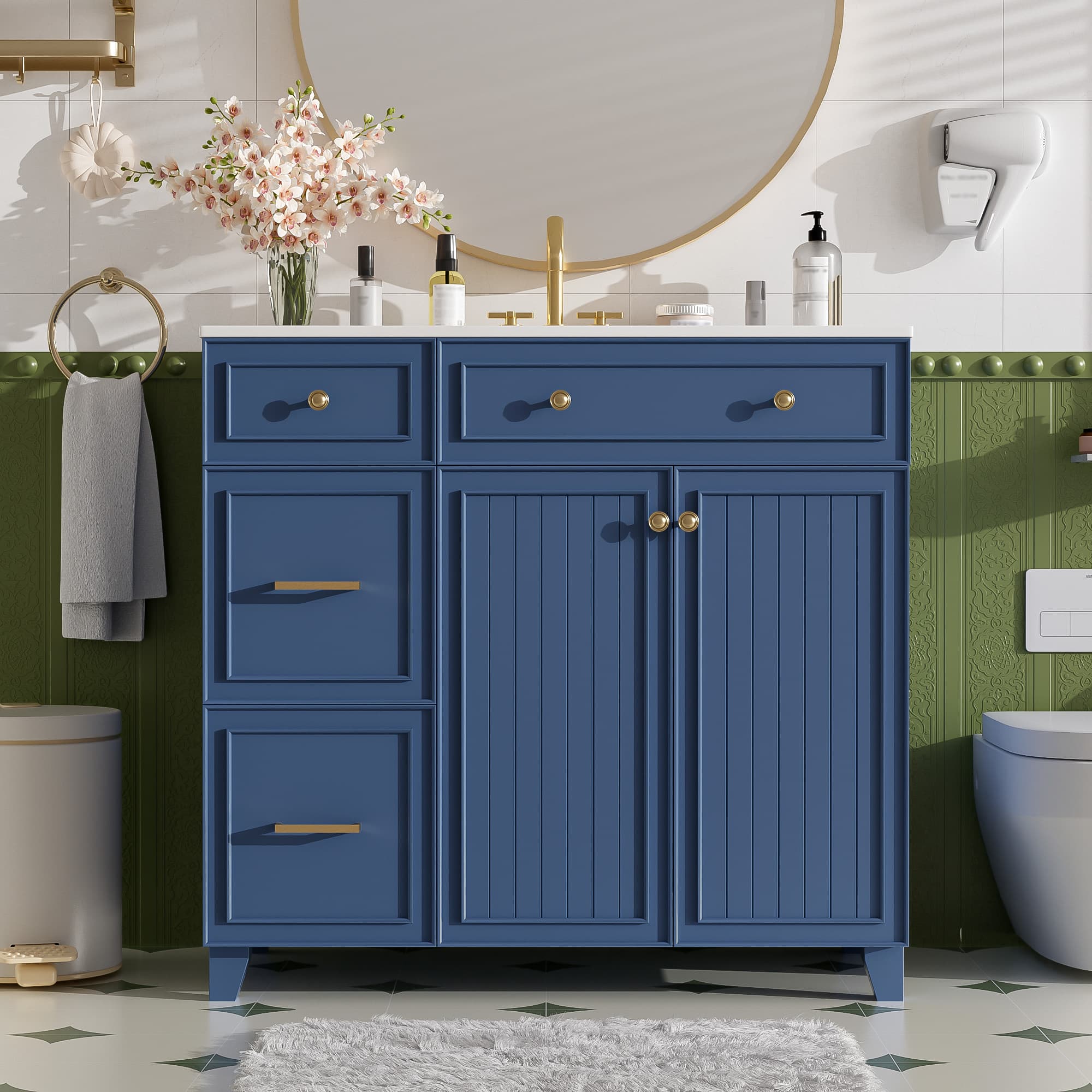 Tiramisubest - 36" Bathroom Vanity with Ceramic Sink, Standard and Double-Layer Drawers, Soft Close Doors, Adjustable Shelves - Blue