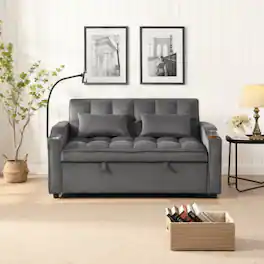 LUCKY ONE - Sofa Bed w/ Trundle & Adjustable Backrest USB Ports Phone Holder 2 Pillows - Dark Gray