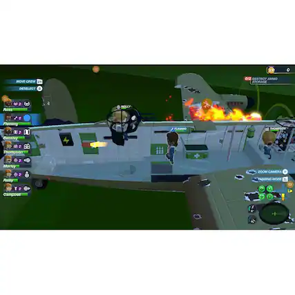 The image shows a video game scene with a plane and a person inside it. The person is holding a gun, and there is a fire nearby. The game is set in a virtual environment, and the player is likely engaged in a mission or task. The image also features a list of names, which could be related to the game's characters or objectives. - E10+ (Everyone 10+)