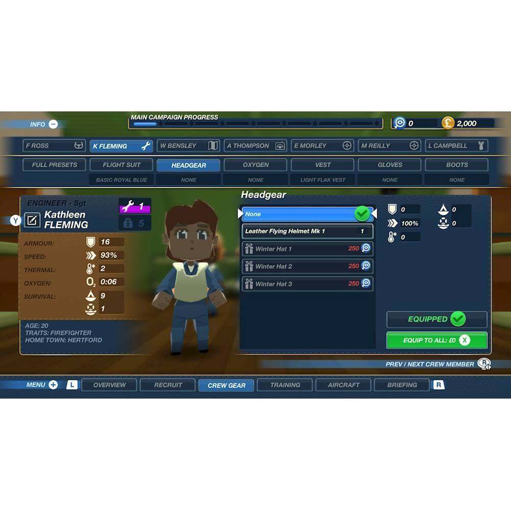 The image shows a character in a video game, specifically a flight suit, with various options for headgear and other gear. The character is wearing a leather flying helmet, and there are three different winter hats available for the player to choose from. The character is also equipped with an oxygen vest, gloves, and boots. The game appears to be a simulation or role-playing game, allowing the player to customize their character's appearance and gear.