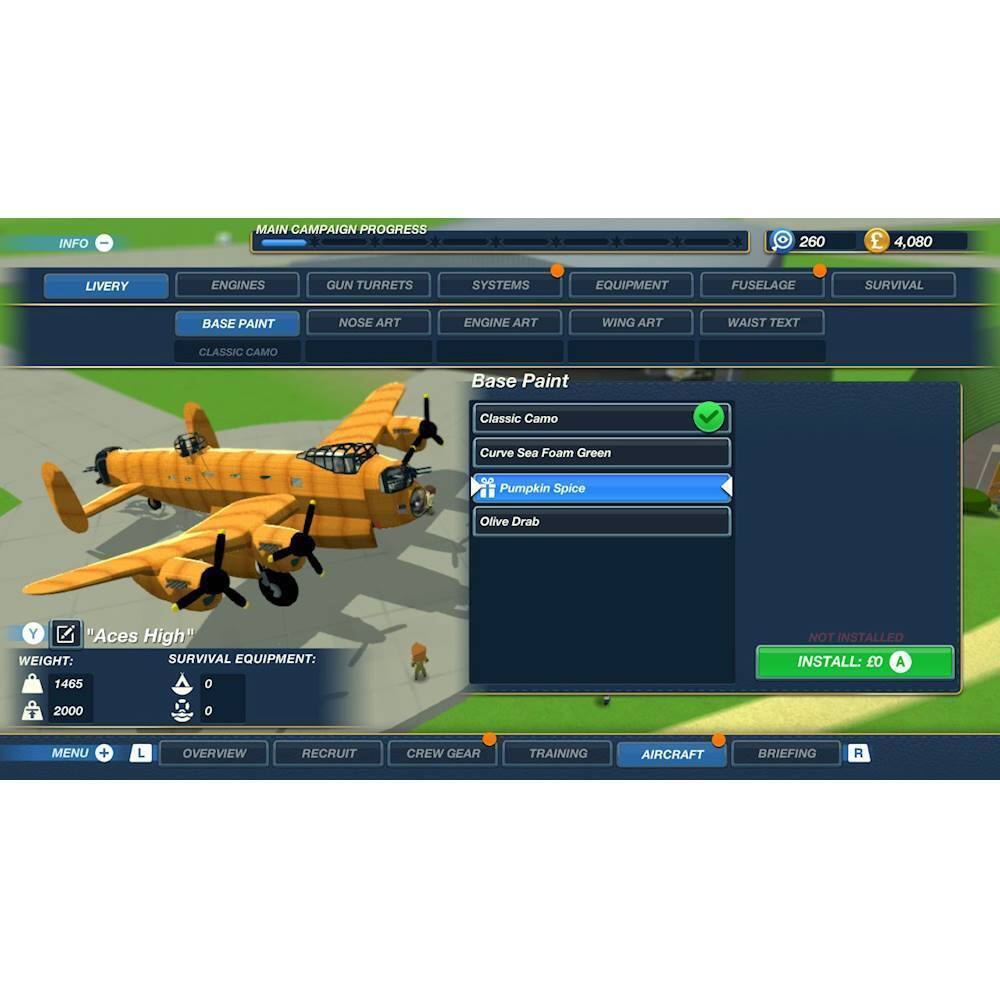 The image features a video game with a yellow airplane on the screen. The game allows players to customize the airplane's appearance by selecting various options, such as paint schemes, engine art, and wing art. The game also offers a "Classic Camo" option, as well as other unique designs like "Curve Sea Foam Green" and "Pumpkin Spice." The player can choose the desired paint scheme and apply it to the airplane, enhancing its visual appeal and making it stand out in the game.