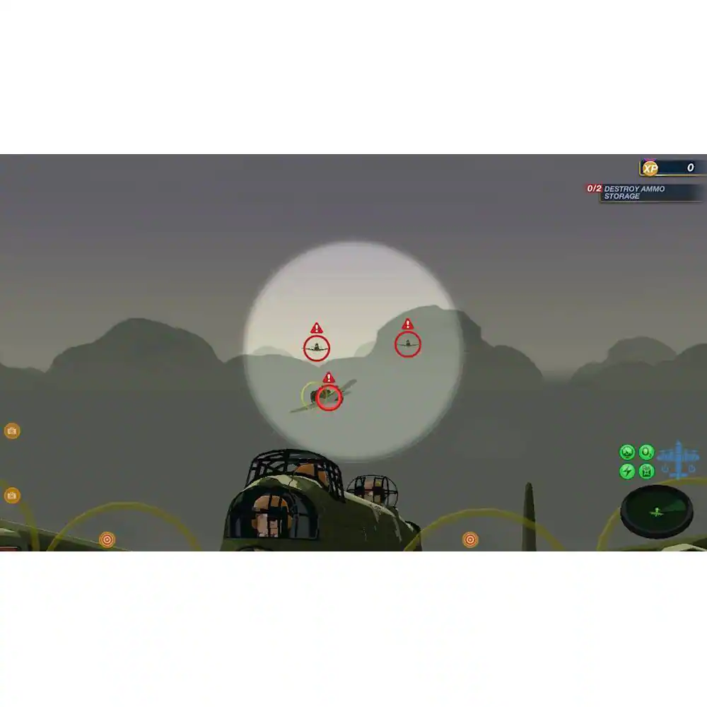 The image shows an airplane flying over a mountain range, with a target lock on it. The target lock is represented by a red circle, and there are three other red circles in the sky, indicating the presence of enemy aircraft. The airplane is also carrying a bomb, which is visible in the image. The scene appears to be a video game, possibly a World War II game, given the presence of the target lock and the airplane's role in destroying ammo storage.