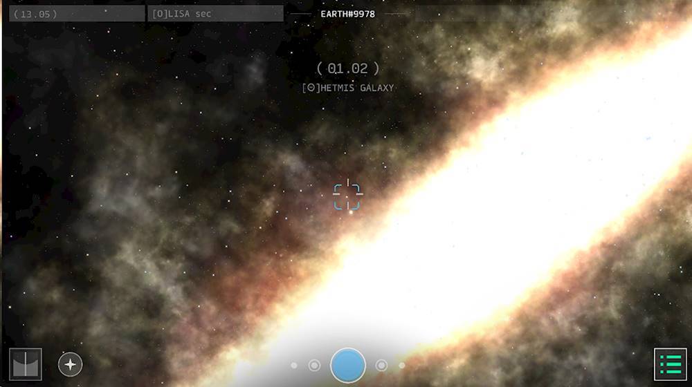 The image features a computer screen displaying a space scene with a galaxy in the background. The screen also shows a solar system, with the Earth visible in the scene. The time displayed on the screen is 13:05.