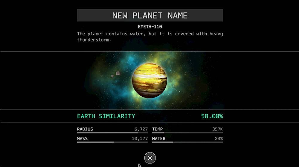 The image shows a computer screen displaying information about a new planet named EMETH-110. The planet is covered with heavy thunderstorms, but it contains water. The screen also displays the similarity of the planet to Earth, which is at 58.00%. The planet's radius is 6,727, and its mass is 10,177. The water content on the planet is 23%.