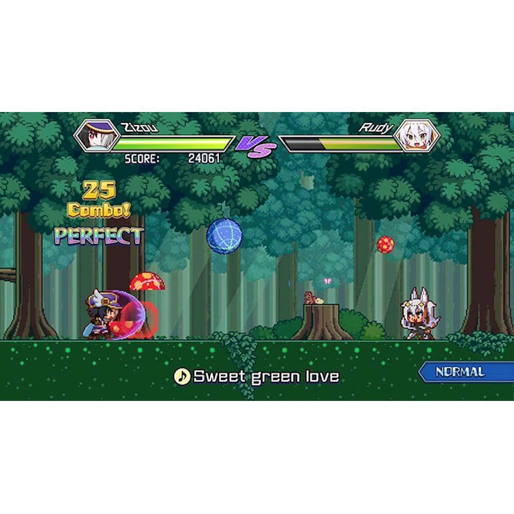 The image shows a video game with two characters, Zizou and Rudy, engaged in a fight. Zizou is currently in the lead, with a score of 24,061 KS. The game is set in a forest environment, with trees surrounding the characters. The game appears to be a fighting game, as the characters are shown punching each other. The image also displays a scoreboard, indicating the progress of the game. - E10+ (Everyone 10+)