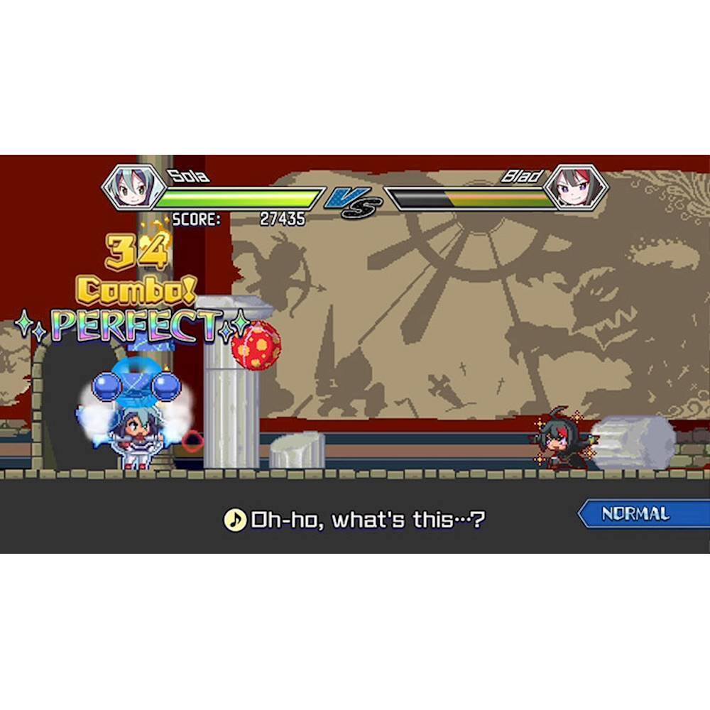 The image shows a video game with two characters, one on the left and one on the right, engaged in a battle. The score is 27435, and the game is at 34%. The game is called "Combox PERFECT." The characters are fighting in front of a clock, which is positioned in the middle of the scene.