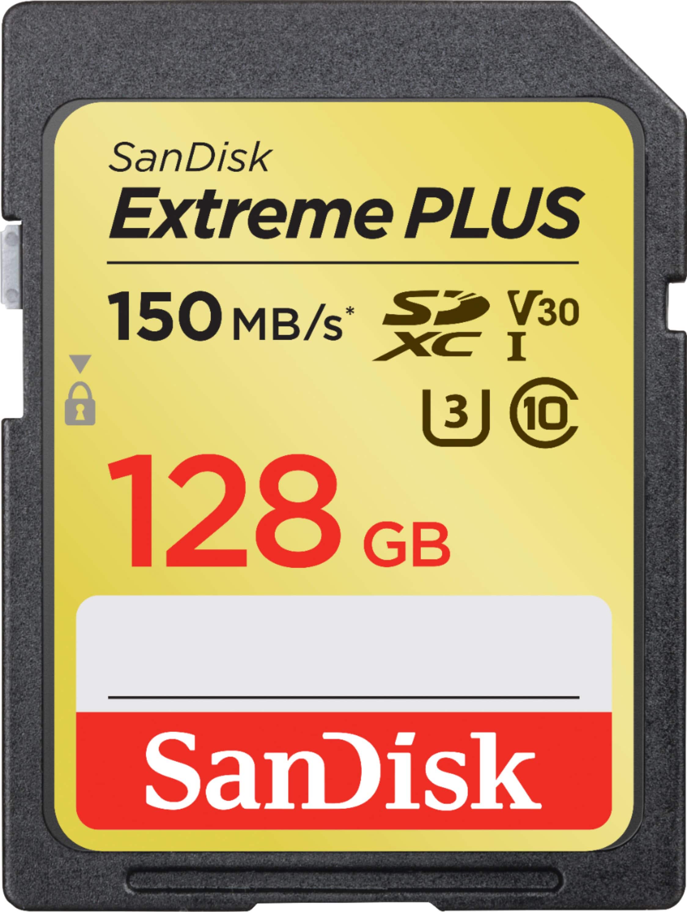 Front. SanDisk - Extreme PLUS 128GB SDXC UHS-I Memory Card - Gold.