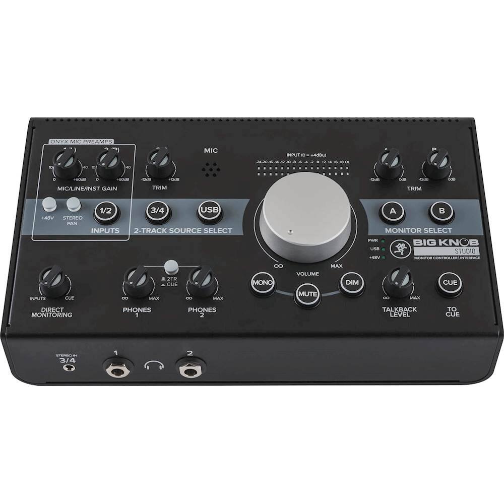ONYX MIC PREAMPS M HC - - MIC 348 . - INPUT 1 +4du  - a - - - a - D  a Ok MIC/LINEANST GAIN Ge TRIM  -  TRIM O 1/2 3/4 USB 48V STERBO PAN INPUTS 2-TRACK SOURCE SELECT A  MONITOR SELECT PAR BIG KNOB USB STUDIO LADV METO CONTRLER ITEREACS INPUTS CUE E MAX 2IR CUE - MAX MONO VOLUME MUTE MAX DIM SMD MAX CUE DIRECT MONITORING PHONES 1 PHONES 2 TALKBACK LEVEL TO CUE SC - 3/4 1 2