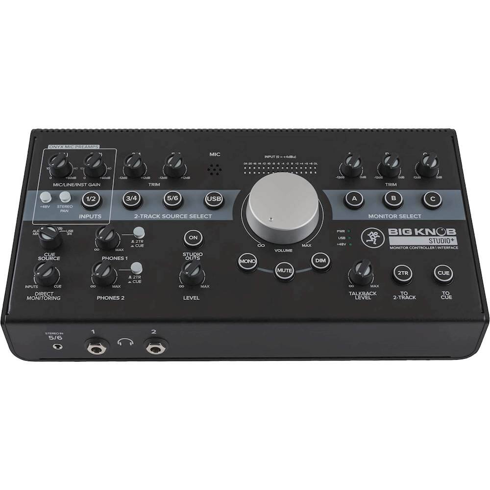 The text on the image is grouped and corrected as follows:

1. CNTS MIL ROLUPS MIC TLPUN 1 - - - MIC/LINE INPUTS - - - TRIM - - - TRIM - de 1/2 V- STEREO PAN INPUTS 3/4 5/6 USB 2 TRACK SOURCE SELECT A - MONITOR SELECT C - CUF SOURCE a 219 - CLE - MAR PHONES : ON STUDIO OUTS 8 MONO VOLUME MAX DIM - L NV BIG KNO STUDIO METERBULLES INTERFACE INPUTS CLE DIRECT MONITORING . MAN PHONES 2 27H CLEB ... MAX LEVEL MUTE o MAX TALKBACK LEVEL 2TR TO Z-TRACK CUE TO CUE 5/6 1 2