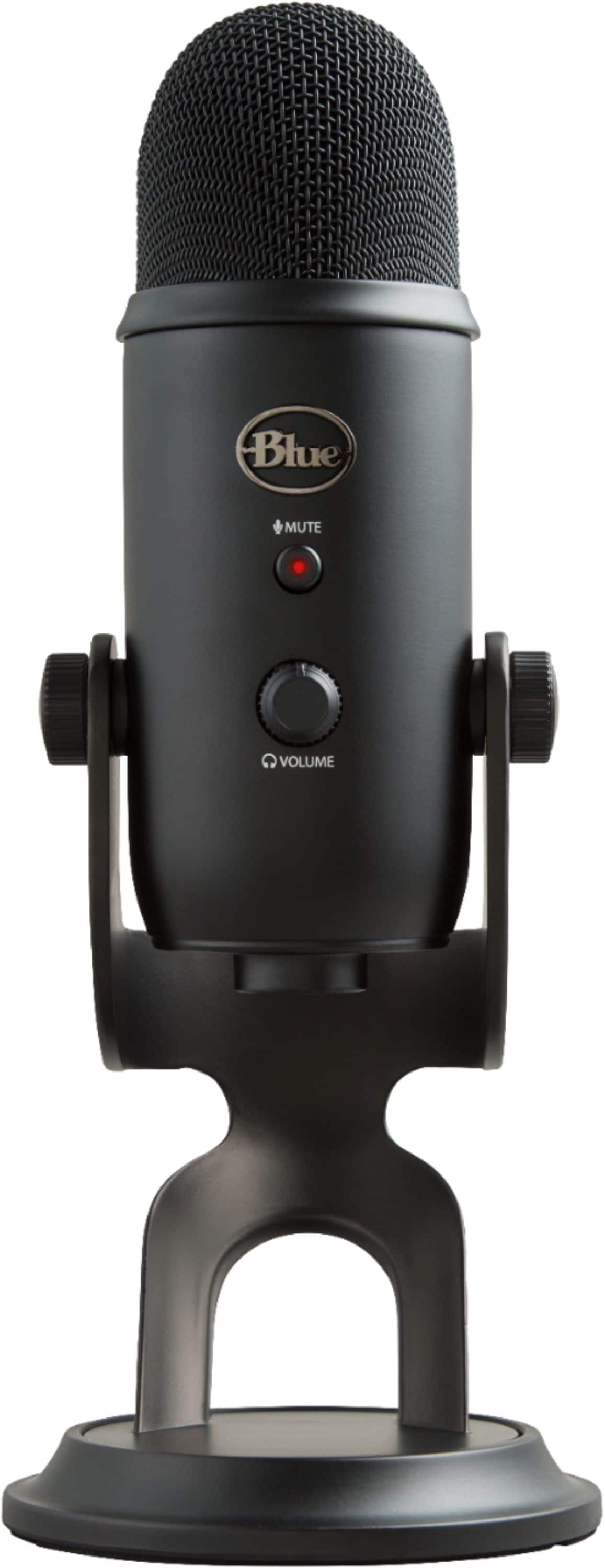 The image features a black microphone with a blue mute button and a volume control. The microphone is placed on a stand and is ready for use.