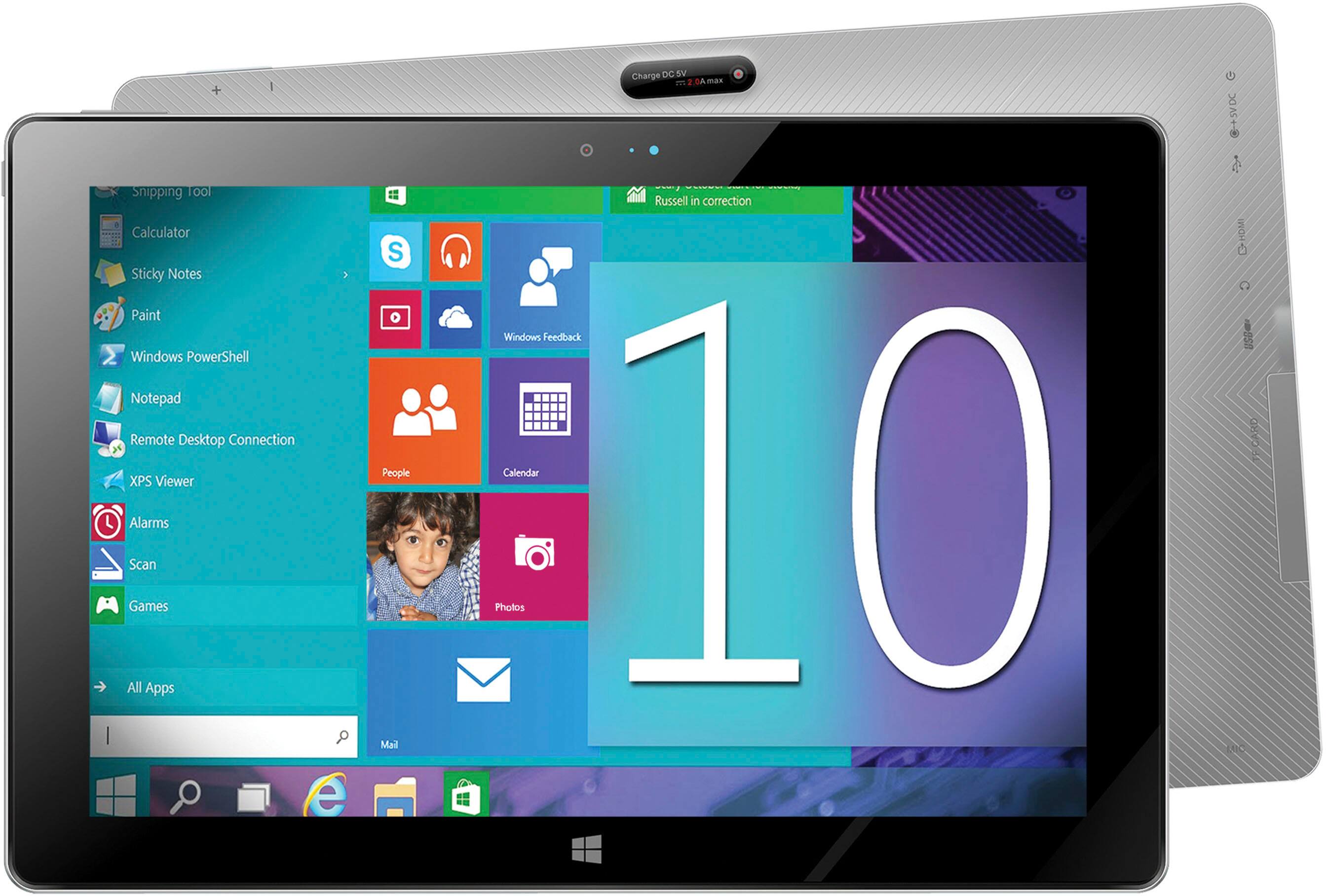 Angle. Super Sonic - 10.1” Touch 2in1 Intel CherryTrail Z8350 2GB 32GB - Silver tablet with Black case and keyboard.