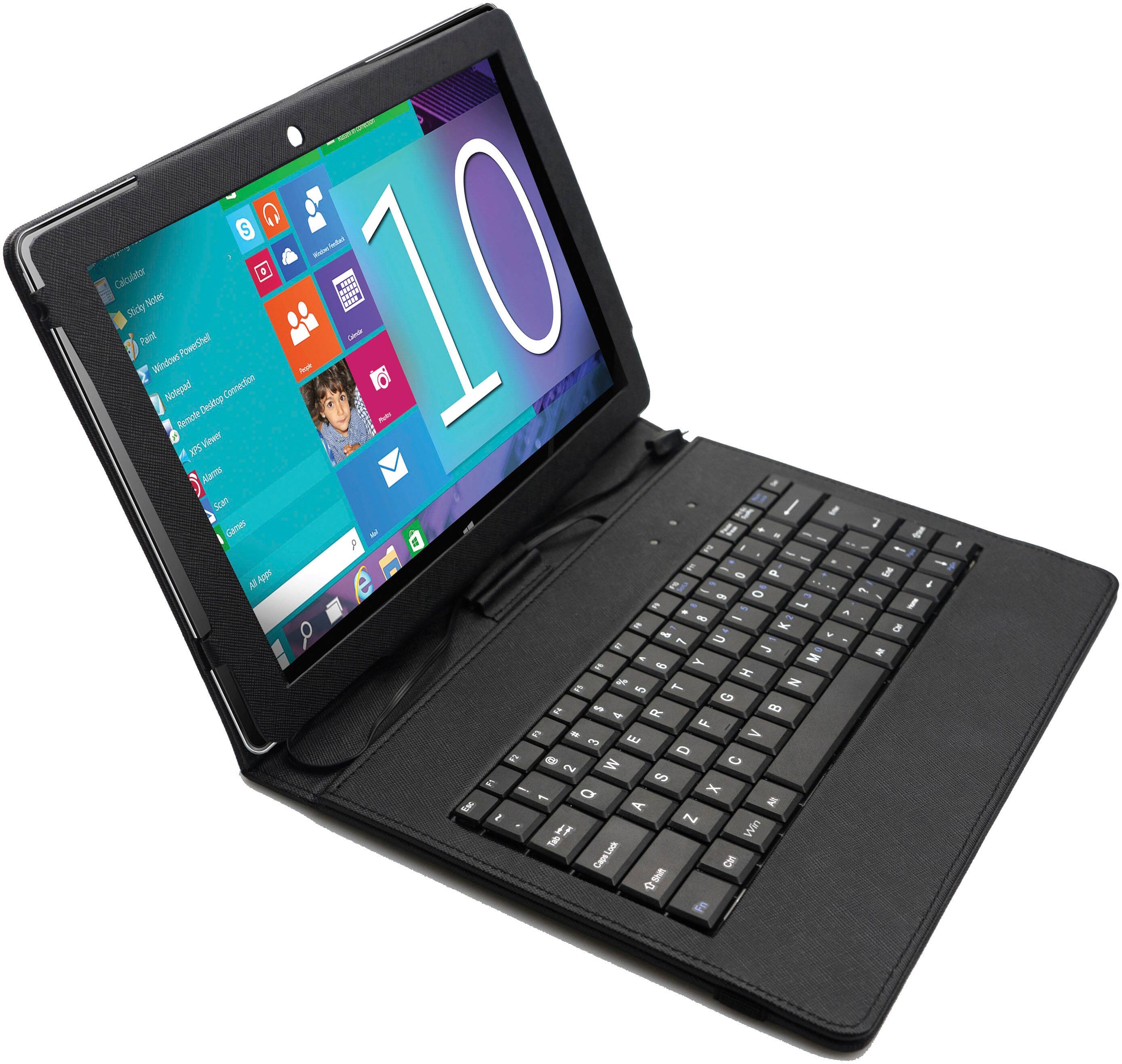 Front. Super Sonic - 10.1” Touch 2in1 Intel CherryTrail Z8350 2GB 32GB - Silver tablet with Black case and keyboard.
