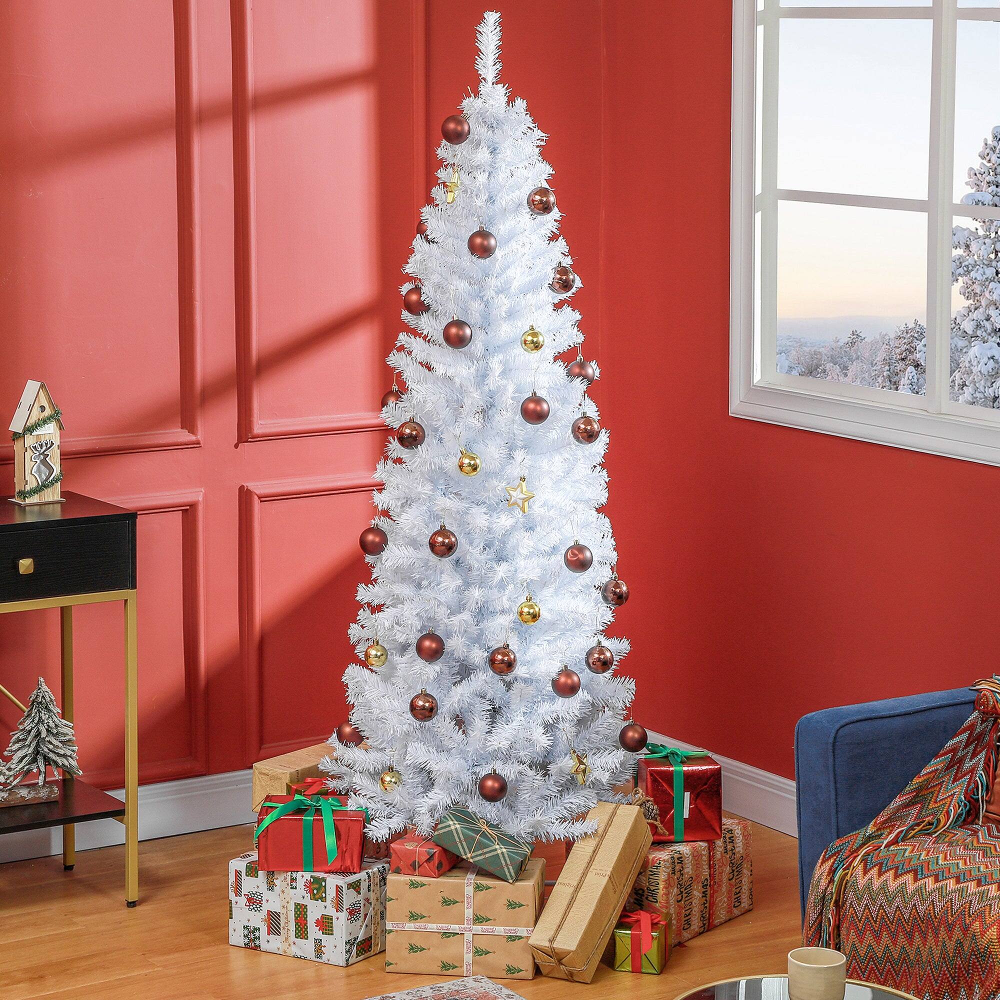 Alt View 1. Boyel Living - 6ft Pencil Christmas Tree White Slim Douglas Fir with Realistic Branches 618 Tips and Metal Base - White.