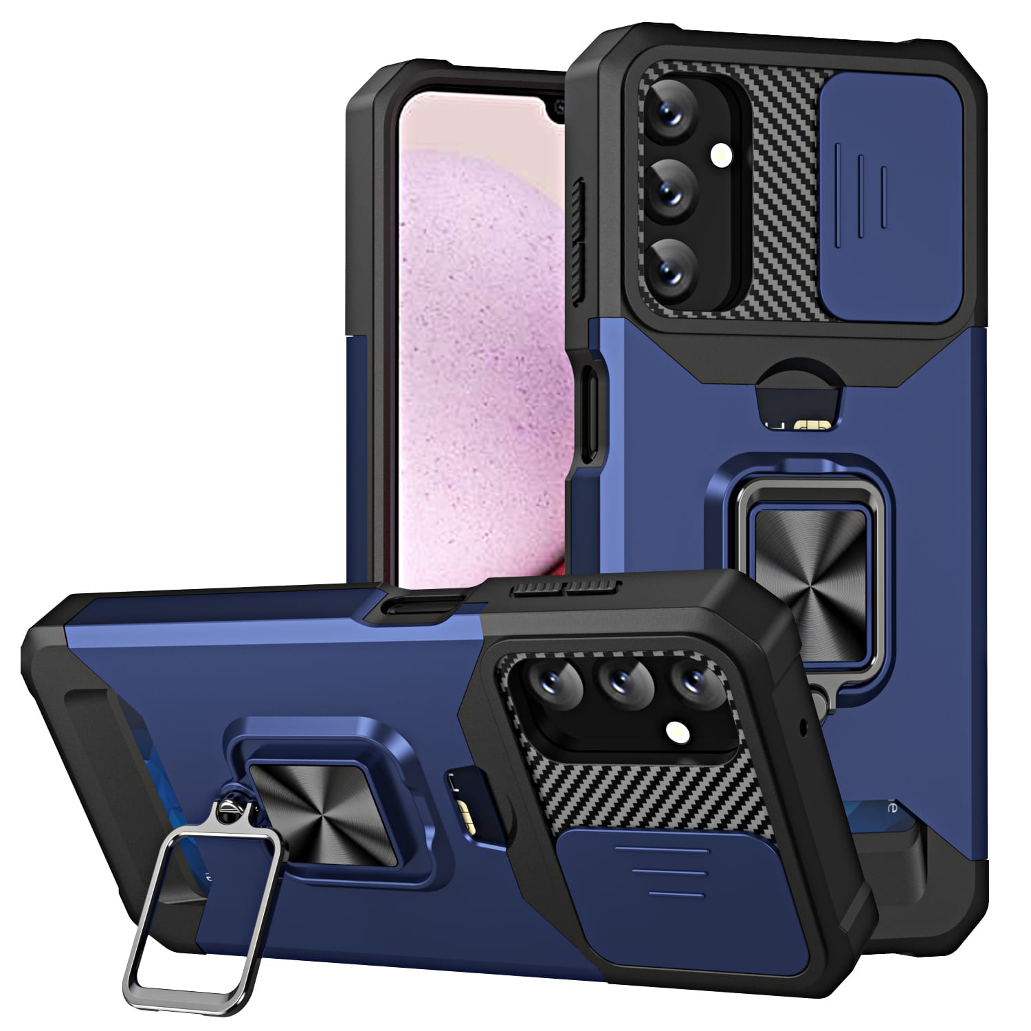 Dteck - For Samsung A17 5G Slide Lens Protection Case Wallet Card Holder Ring Stand Kickstand Hybrid PC TPU Cover - Navy price history on PriceWatchPro