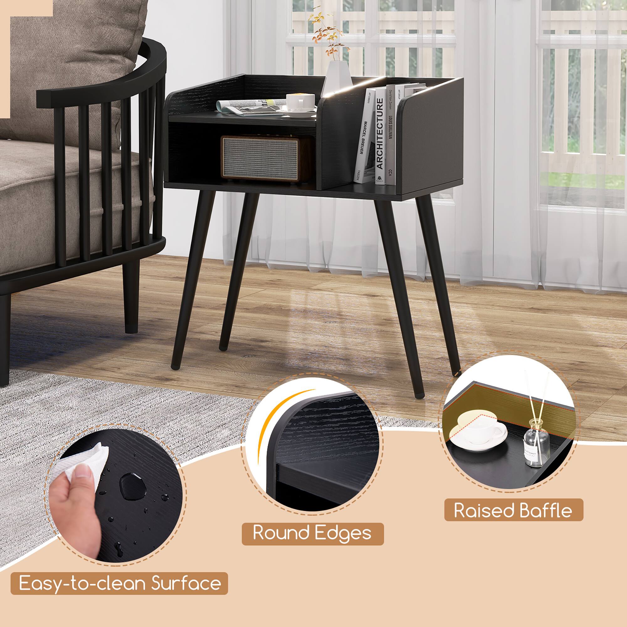 The text on the image reads: "Round Edges Raised Baffle Easy-to-clean Surface."