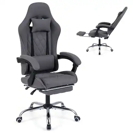 Front. Costway - Costway Gaming Chair with Headrest, Lumbar Support, Linkage Armrests, Reclining Backrest - Gray.