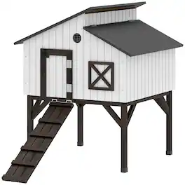 Pawhut - Coop Hen House with Nesting Box, Elevated Rabbit Hutch with Ramp - White