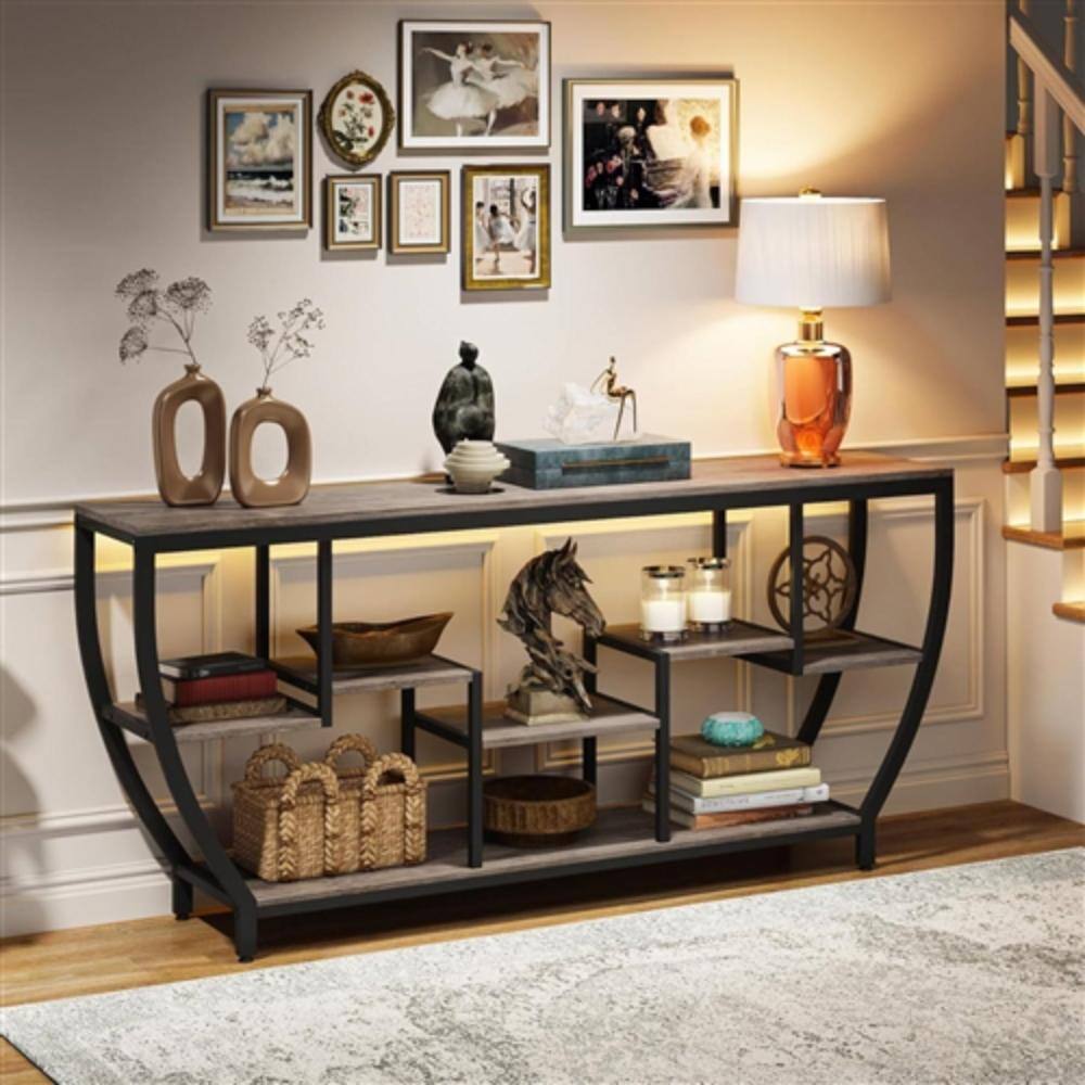Back. Hivvago - Industrial Chic 70-inch Long Narrow Console Sofa Table with Gray Wood Shelves - Gray.