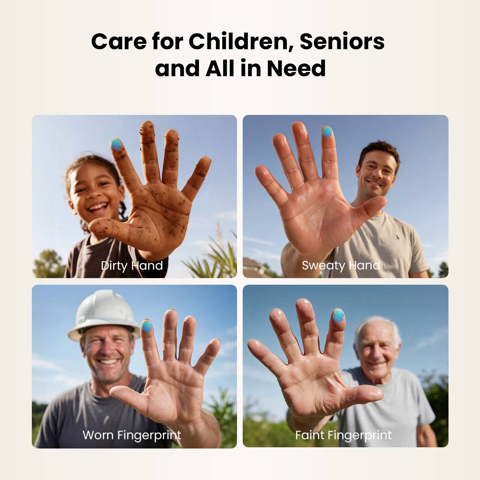 Care for Children, Seniors and All in Need

Dirty Hand  
Sweaty Hand  
Worn Fingerprint  
Faint Fingerprint